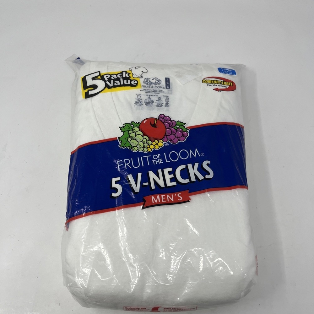 Vintage Fruit of the Loom Men's V-Neck White Tee Size Large Pack of 5 2003 New